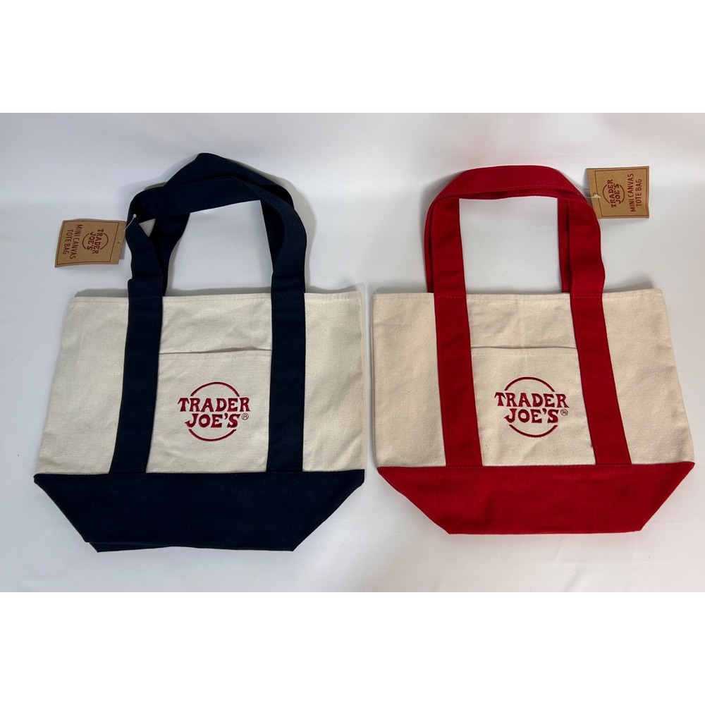 NWT Trader Joes Mini Tote Shopping Bag Lot of 2 Red Navy Blue Pockets